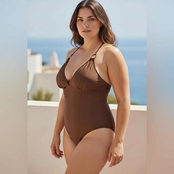 J. Crew O-Ring V Neck One Piece Swimsuit Women's Plus 24 Brown‎ New BF181